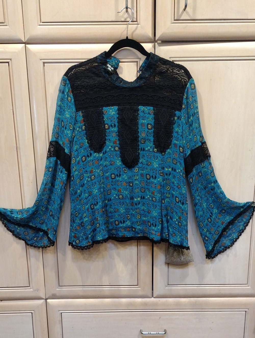 INC x Anna Sui Blue Silk Bell Sleeve Top With Black Lace